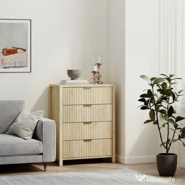 HOMCOM Comodă pentru Dormitor cu 4 Sertare Canelate, Comodă din Lemn cu Mânere Aurii, pentru Sufragerie, Sala de Mese și Hol, 70x38x93 cm, Lemn Natural | Aosom Romania