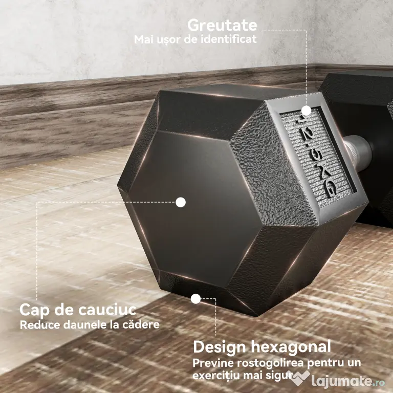 HOMCOM Ganteră Hexagonală din Cauciuc 12,5 kg, Portabilă, pentru Acasă sau Sală | Aosom Romania