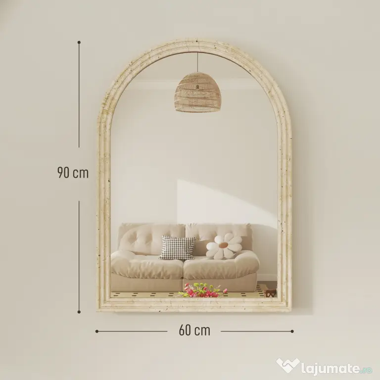 HOMCOM Oglindă de Perete în Formă de Arc cu Margine Canelată 60x2x90 cm Bej | Aosom Romania