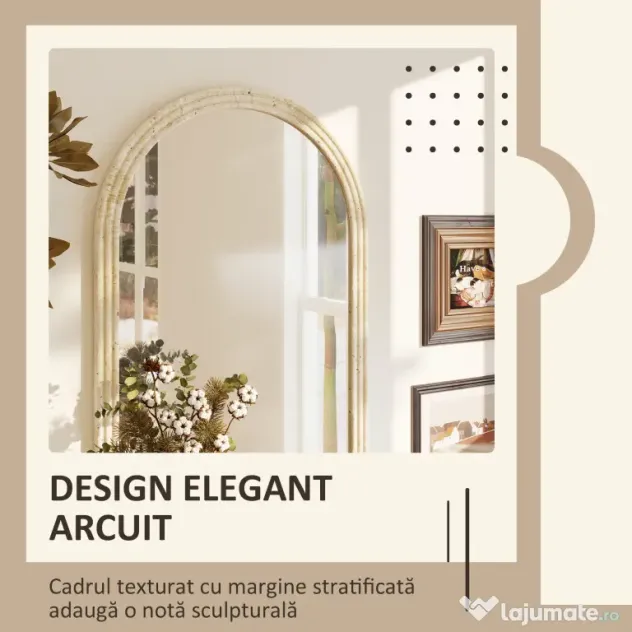HOMCOM Oglindă de Perete în Formă de Arc cu Margine Canelată 60x2x90 cm Bej | Aosom Romania
