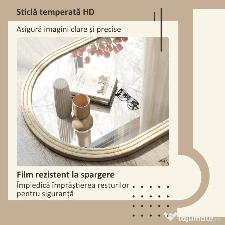 HOMCOM Oglindă de Perete în Formă de Arc cu Margine Canelată 60x2x90 cm Bej | Aosom Romania