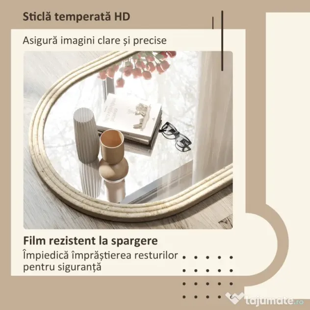 HOMCOM Oglindă de Perete în Formă de Arc cu Margine Canelată 60x2x90 cm Bej | Aosom Romania