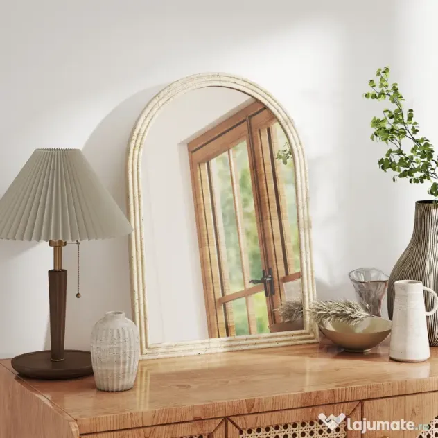 HOMCOM Oglindă de Perete în Formă de Arc cu Margine Canelată 60x2x90 cm Bej | Aosom Romania