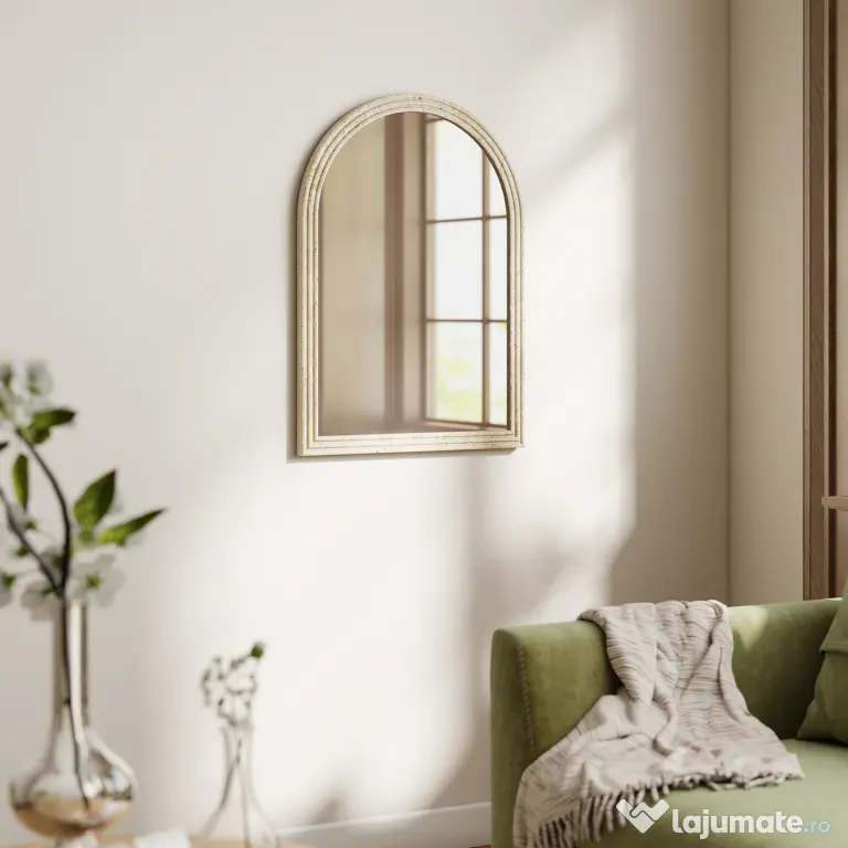 HOMCOM Oglindă de Perete în Formă de Arc cu Margine Canelată 60x2x90 cm Bej | Aosom Romania