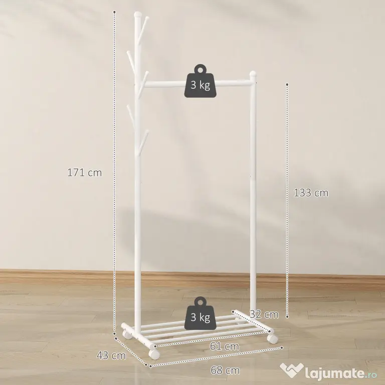 HOMCOM Cuier de Podea cu Roți, Stand de Haine cu 5 Cârlige și Raft Inferior pentru Încălțăminte, pentru Cameră, Intrare și Coridor, Alb | Aosom Romania