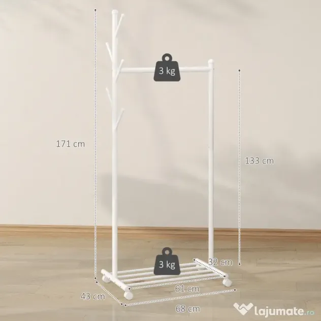 HOMCOM Cuier de Podea cu Roți, Stand de Haine cu 5 Cârlige și Raft Inferior pentru Încălțăminte, pentru Cameră, Intrare și Coridor, Alb | Aosom Romania
