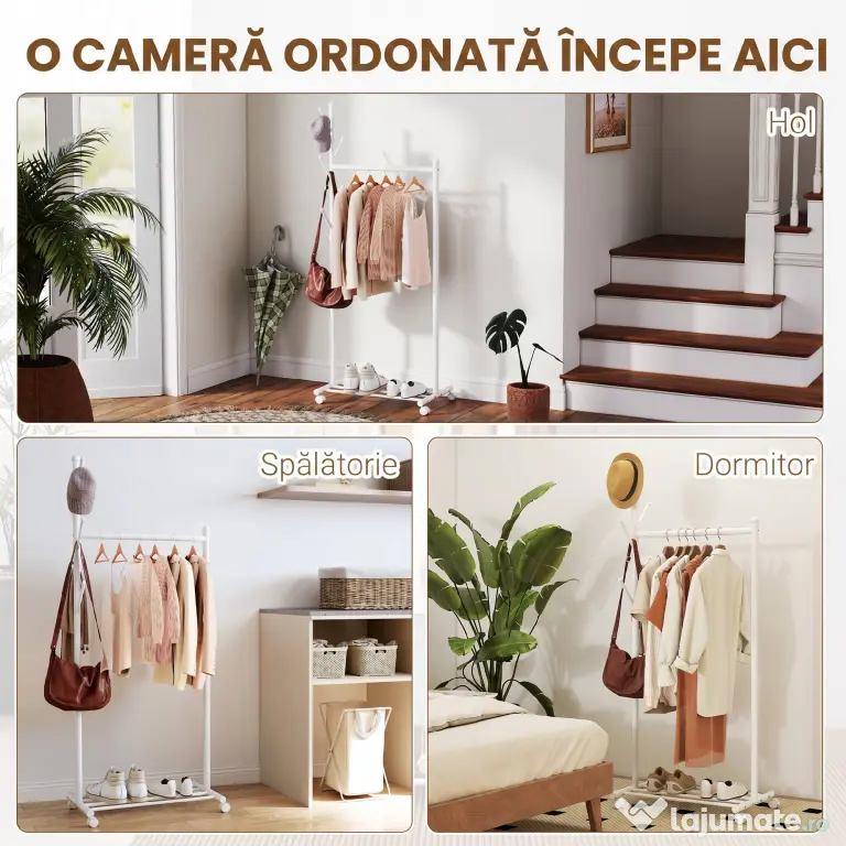 HOMCOM Cuier de Podea cu Roți, Stand de Haine cu 5 Cârlige și Raft Inferior pentru Încălțăminte, pentru Cameră, Intrare și Coridor, Alb | Aosom Romania