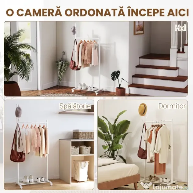 HOMCOM Cuier de Podea cu Roți, Stand de Haine cu 5 Cârlige și Raft Inferior pentru Încălțăminte, pentru Cameră, Intrare și Coridor, Alb | Aosom Romania