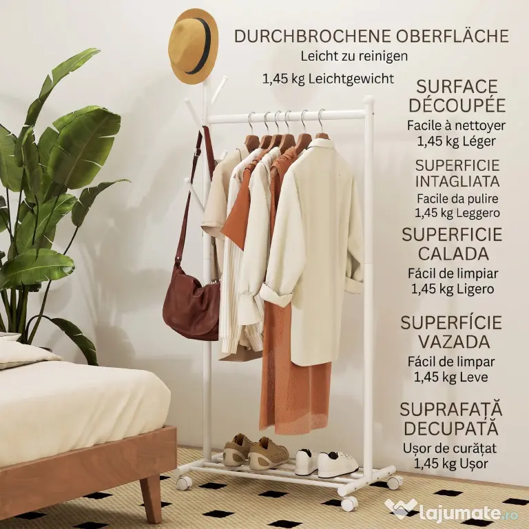 HOMCOM Cuier de Podea cu Roți, Stand de Haine cu 5 Cârlige și Raft Inferior pentru Încălțăminte, pentru Cameră, Intrare și Coridor, Alb | Aosom Romania