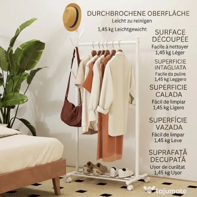 HOMCOM Cuier de Podea cu Roți, Stand de Haine cu 5 Cârlige și Raft Inferior pentru Încălțăminte, pentru Cameră, Intrare și Coridor, Alb | Aosom Romania