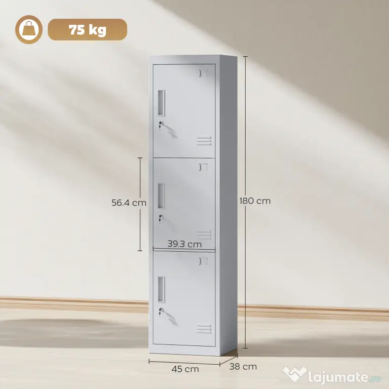 HOMCOM Dulap de birou din oțel cu 3 uși independente cu încuietoare și 2 chei, 45x38x180 cm, gri deschis | Aosom Romania