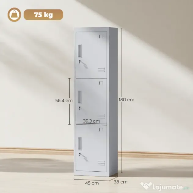 HOMCOM Dulap de birou din oțel cu 3 uși independente cu încuietoare și 2 chei, 45x38x180 cm, gri deschis | Aosom Romania