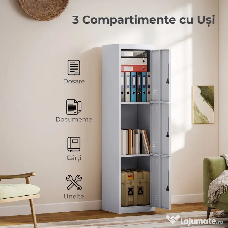 HOMCOM Dulap de birou din oțel cu 3 uși independente cu încuietoare și 2 chei, 45x38x180 cm, gri deschis | Aosom Romania
