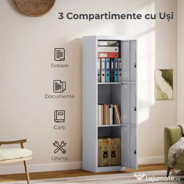 HOMCOM Dulap de birou din oțel cu 3 uși independente cu încuietoare și 2 chei, 45x38x180 cm, gri deschis | Aosom Romania