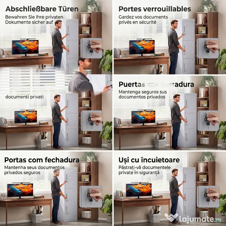 HOMCOM Dulap de birou din oțel cu 3 uși independente cu încuietoare și 2 chei, 45x38x180 cm, gri deschis | Aosom Romania