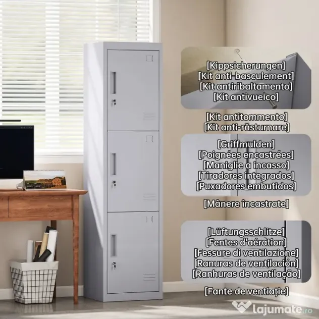 HOMCOM Dulap de birou din oțel cu 3 uși independente cu încuietoare și 2 chei, 45x38x180 cm, gri deschis | Aosom Romania