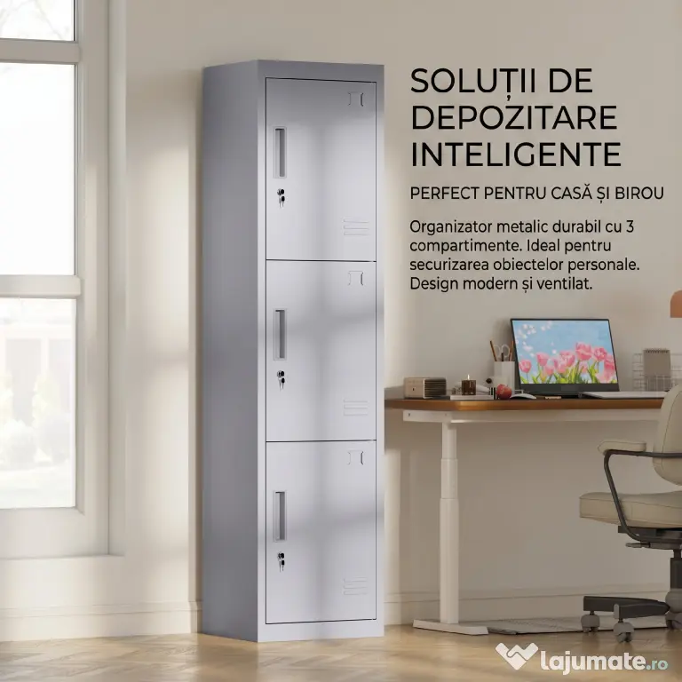 HOMCOM Dulap de birou din oțel cu 3 uși independente cu încuietoare și 2 chei, 45x38x180 cm, gri deschis | Aosom Romania