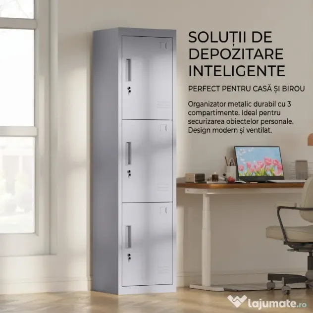 HOMCOM Dulap de birou din oțel cu 3 uși independente cu încuietoare și 2 chei, 45x38x180 cm, gri deschis | Aosom Romania