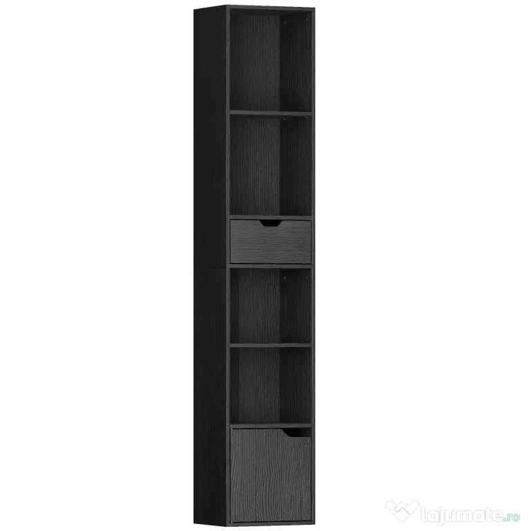 HOMCOM Bibliotecă cu 4 Rafturi Deschise, Dulap și Sertar, 30x24x158 cm, Negru | Aosom Romania