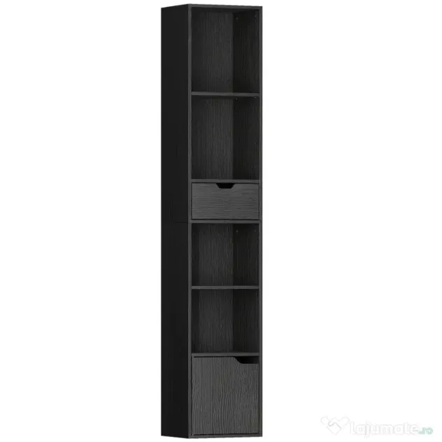 HOMCOM Bibliotecă cu 4 Rafturi Deschise, Dulap și Sertar, 30x24x158 cm, Negru | Aosom Romania