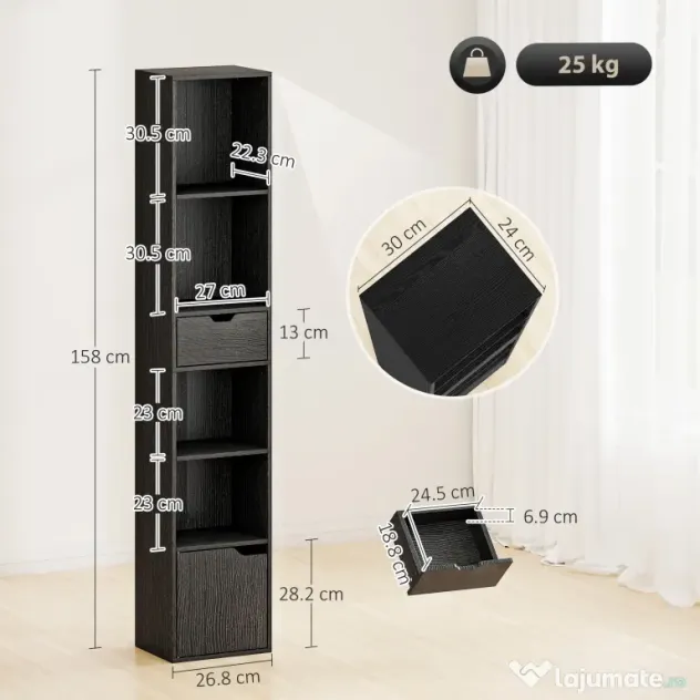 HOMCOM Bibliotecă cu 4 Rafturi Deschise, Dulap și Sertar, 30x24x158 cm, Negru | Aosom Romania