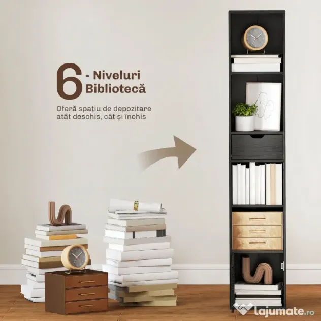 HOMCOM Bibliotecă cu 4 Rafturi Deschise, Dulap și Sertar, 30x24x158 cm, Negru | Aosom Romania