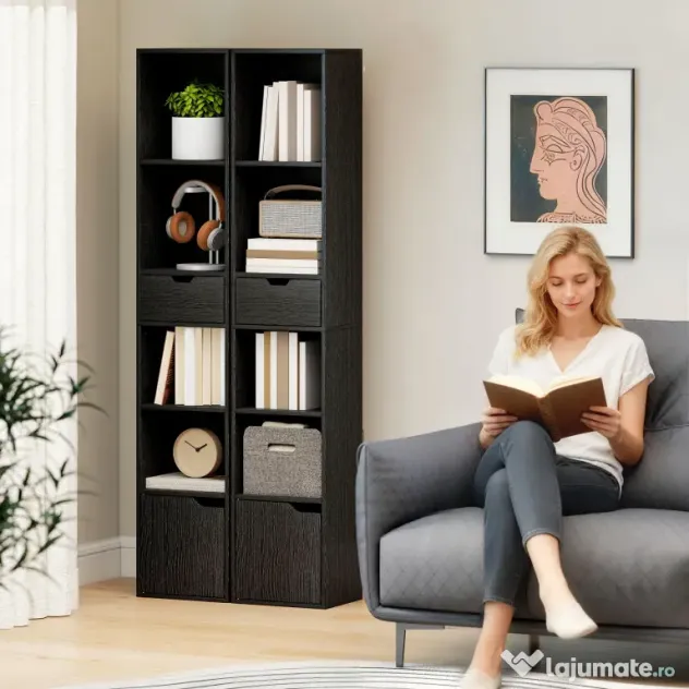 HOMCOM Bibliotecă cu 4 Rafturi Deschise, Dulap și Sertar, 30x24x158 cm, Negru | Aosom Romania