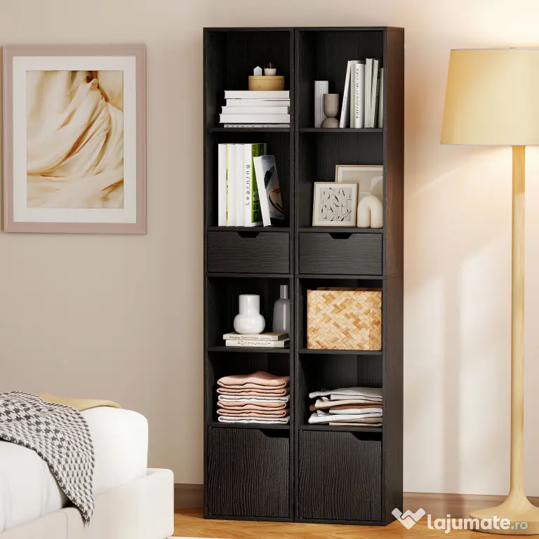 HOMCOM Bibliotecă cu 4 Rafturi Deschise, Dulap și Sertar, 30x24x158 cm, Negru | Aosom Romania