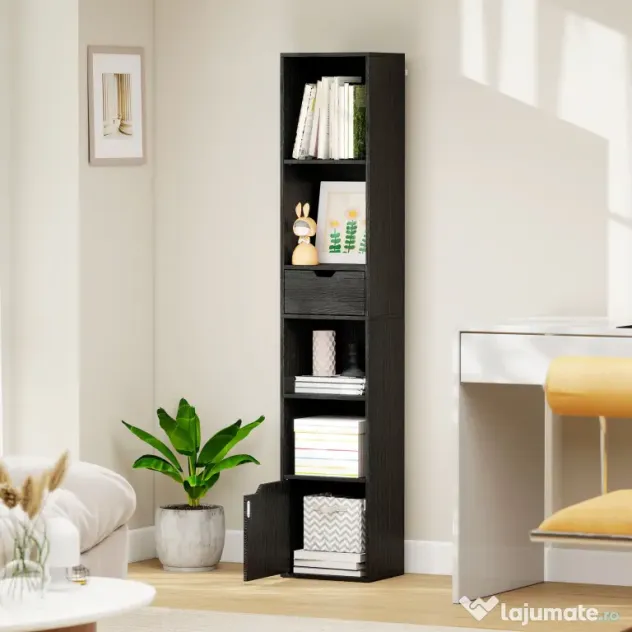 HOMCOM Bibliotecă cu 4 Rafturi Deschise, Dulap și Sertar, 30x24x158 cm, Negru | Aosom Romania