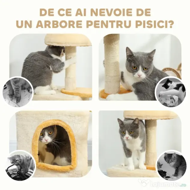 PawHut Arborele pentru Pisici cu Crenguță și Căsuță 40x30x72 cm Bej și Galben | Aosom Romania