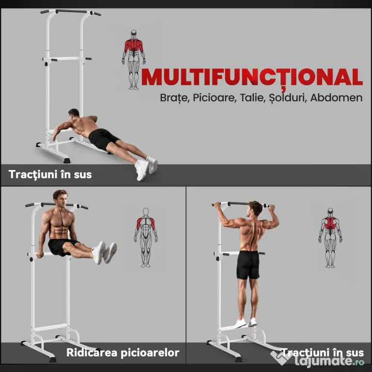 SPORTNOW Power Tower cu Bare Dip și Tracțiuni, Stație Multifuncțională cu Înălțime Reglabilă 176,5-227 cm, Structură din Oțel pentru Antrenament Acasă, Capacitate 120 kg | Aosom Romania