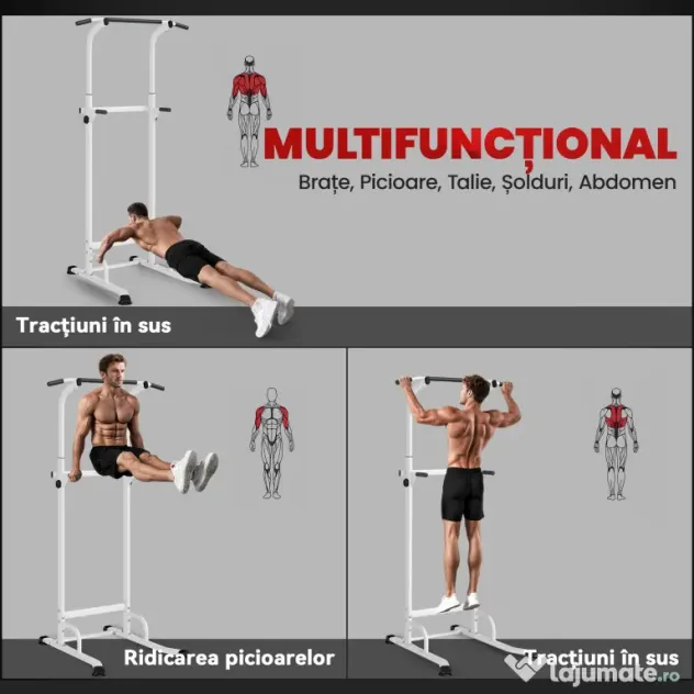 SPORTNOW Power Tower cu Bare Dip și Tracțiuni, Stație Multifuncțională cu Înălțime Reglabilă 176,5-227 cm, Structură din Oțel pentru Antrenament Acasă, Capacitate 120 kg | Aosom Romania