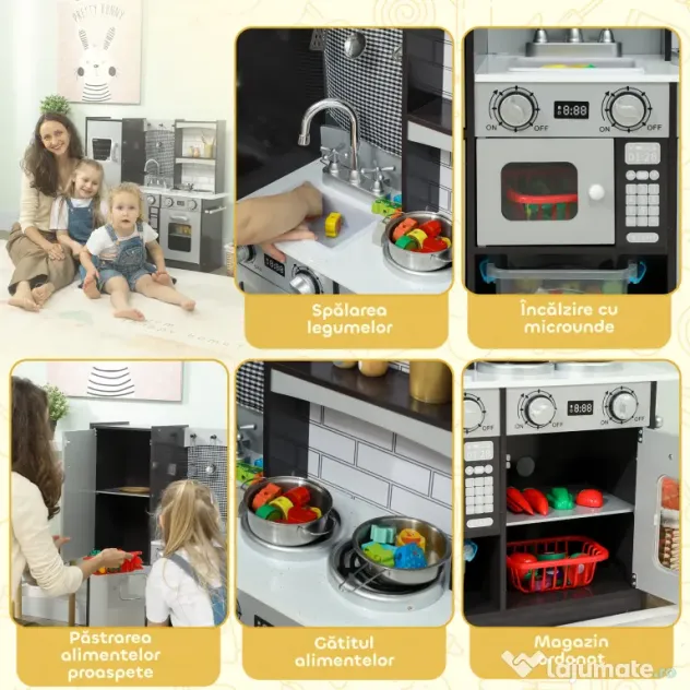 AIYAPLAY Bucătărie de Jucărie pentru Copii 3-8 Ani din Lemn cu Accesorii, Frigider, Chiuvetă și Buton cu Sunete, Maro | Aosom Romania
