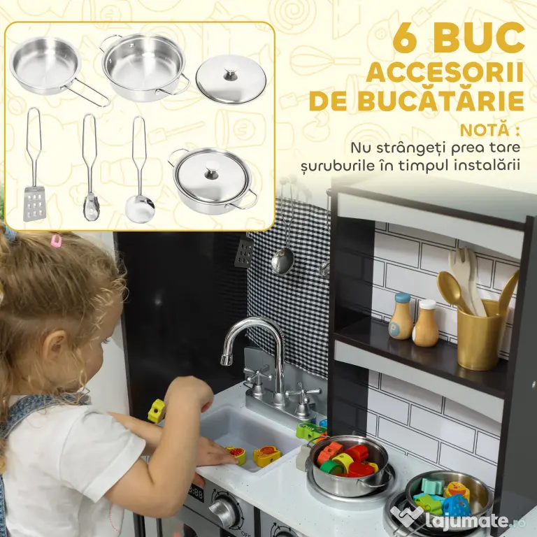 AIYAPLAY Bucătărie de Jucărie pentru Copii 3-8 Ani din Lemn cu Accesorii, Frigider, Chiuvetă și Buton cu Sunete, Maro | Aosom Romania