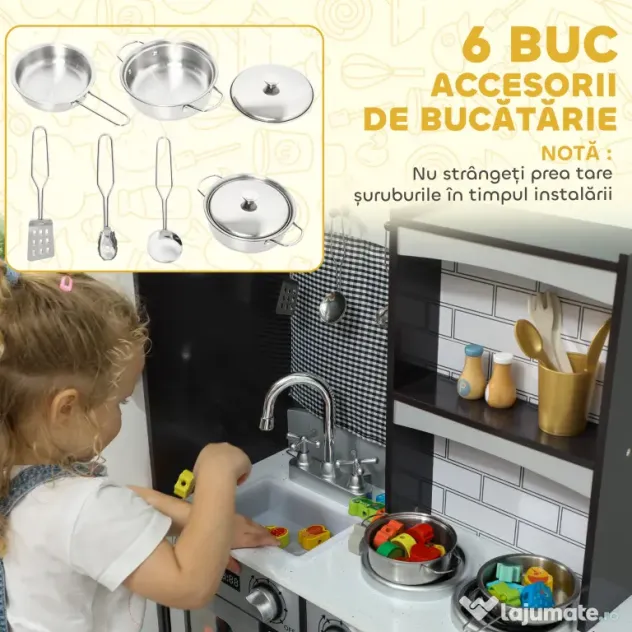 AIYAPLAY Bucătărie de Jucărie pentru Copii 3-8 Ani din Lemn cu Accesorii, Frigider, Chiuvetă și Buton cu Sunete, Maro | Aosom Romania