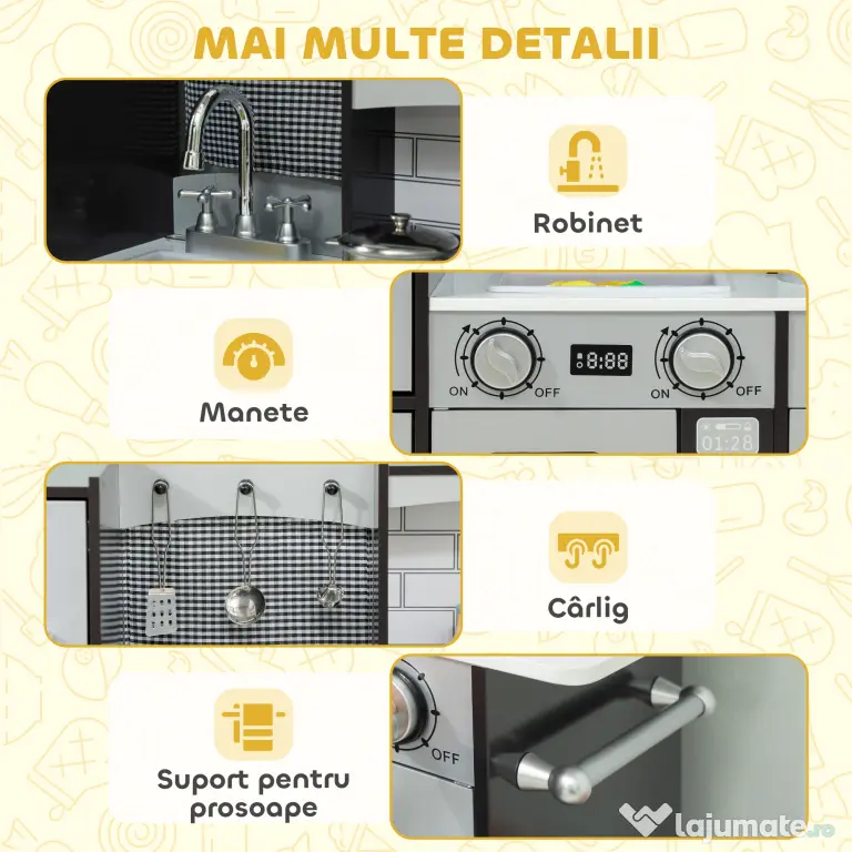 AIYAPLAY Bucătărie de Jucărie pentru Copii 3-8 Ani din Lemn cu Accesorii, Frigider, Chiuvetă și Buton cu Sunete, Maro | Aosom Romania