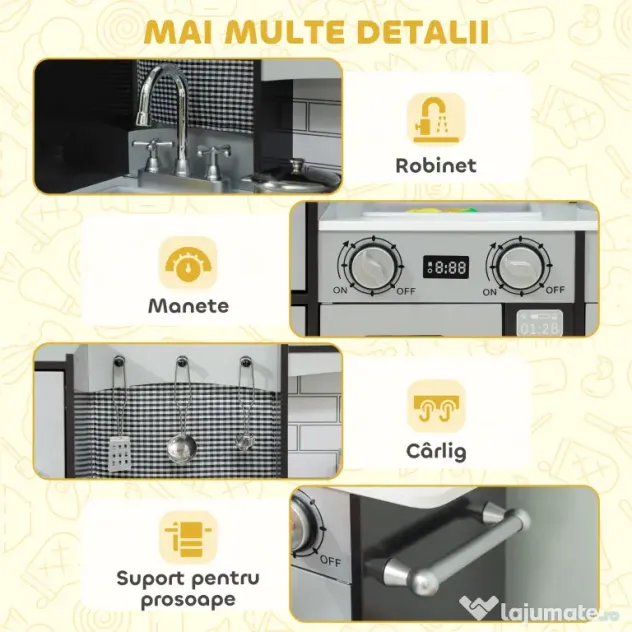 AIYAPLAY Bucătărie de Jucărie pentru Copii 3-8 Ani din Lemn cu Accesorii, Frigider, Chiuvetă și Buton cu Sunete, Maro | Aosom Romania
