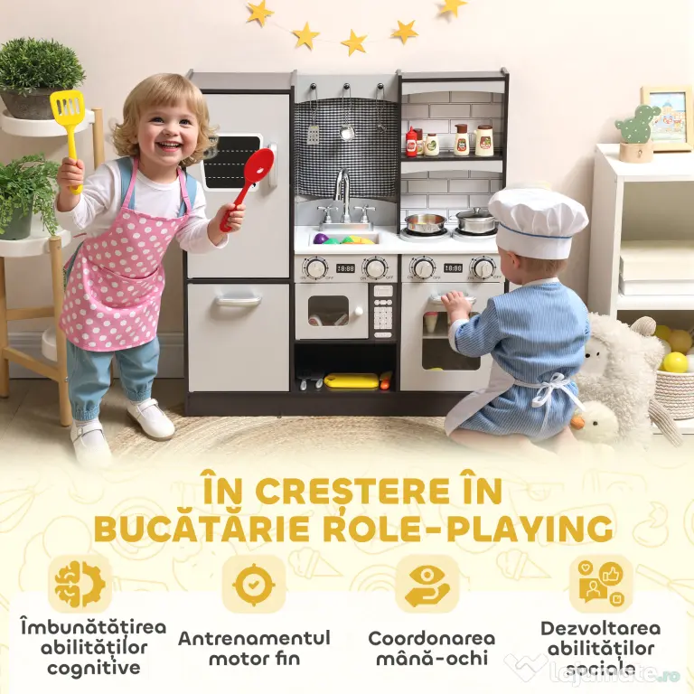 AIYAPLAY Bucătărie de Jucărie pentru Copii 3-8 Ani din Lemn cu Accesorii, Frigider, Chiuvetă și Buton cu Sunete, Maro | Aosom Romania
