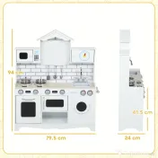 AIYAPLAY Bucătărie de Jucărie pentru Copii 3-6 Ani din Lemn cu Set de Accesorii, Chiuvetă și Butoane cu Sunete, Alb | Aosom Romania