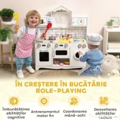 AIYAPLAY Bucătărie de Jucărie pentru Copii 3-6 Ani din Lemn cu Set de Accesorii, Chiuvetă și Butoane cu Sunete, Alb | Aosom Romania