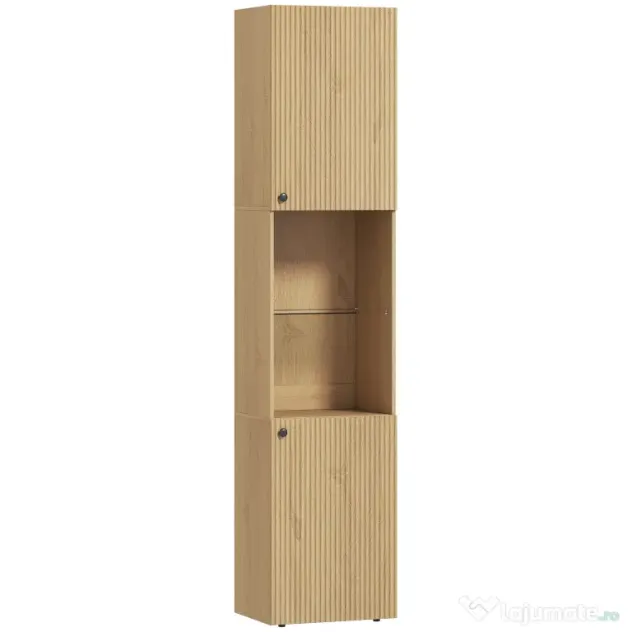 HOMCOM Coloană Baie Slim 6 Rafturi, 2 Uși, Compartimente Deschise, Raft din Sticlă Securizată, Rafturi Reglabile, Stejar | Aosom Romania