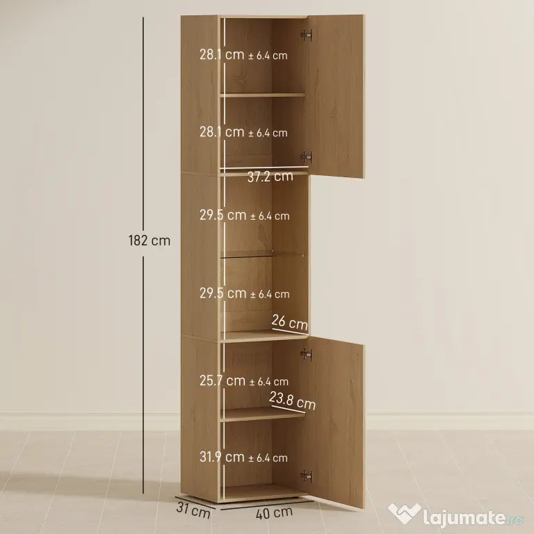 HOMCOM Coloană Baie Slim 6 Rafturi, 2 Uși, Compartimente Deschise, Raft din Sticlă Securizată, Rafturi Reglabile, Stejar | Aosom Romania