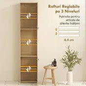 HOMCOM Coloană Baie Slim 6 Rafturi, 2 Uși, Compartimente Deschise, Raft din Sticlă Securizată, Rafturi Reglabile, Stejar | Aosom Romania