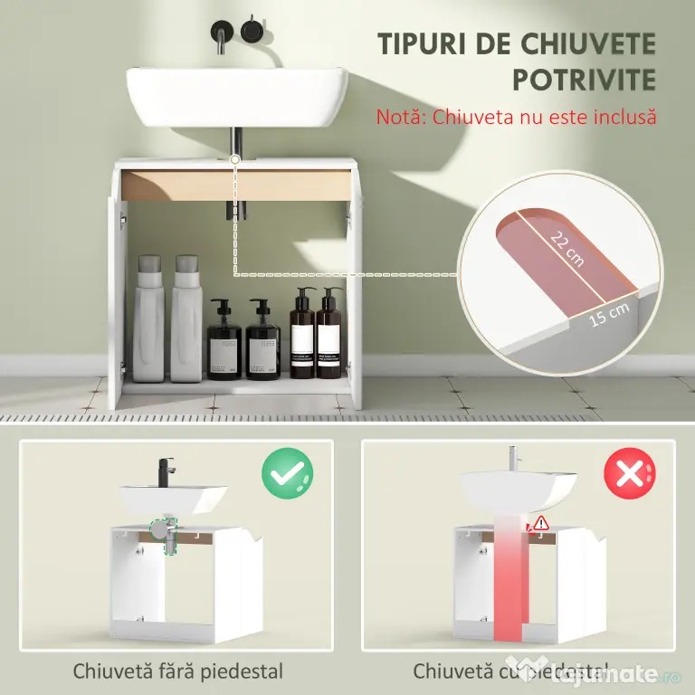 HOMCOM Dulap Sub Lavoar pentru Baie, Dulap de Depozitare cu Uși Soft-Close, pentru Lavoar fără Coloană, Alb | Aosom Romania