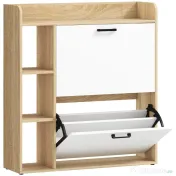 HOMCOM Dulap Slim pentru Pantofi cu 2 Sertare Rabatabile și 3 Compartimente, Capacitate 15 Perechi, 83x24x90,5 cm, Lemn și Alb | Aosom Romania