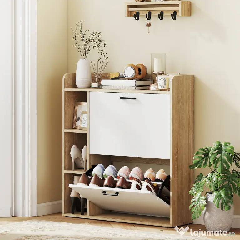 HOMCOM Dulap Slim pentru Pantofi cu 2 Sertare Rabatabile și 3 Compartimente, Capacitate 15 Perechi, 83x24x90,5 cm, Lemn și Alb | Aosom Romania