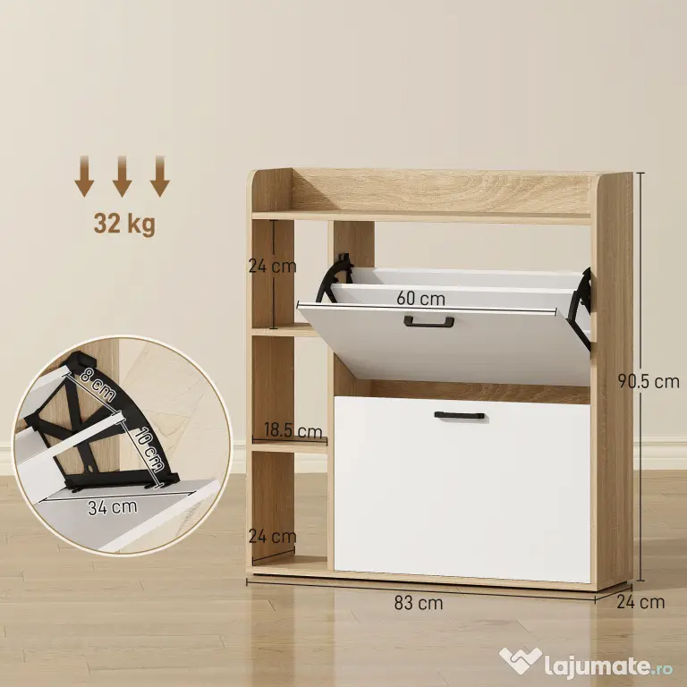 HOMCOM Dulap Slim pentru Pantofi cu 2 Sertare Rabatabile și 3 Compartimente, Capacitate 15 Perechi, 83x24x90,5 cm, Lemn și Alb | Aosom Romania