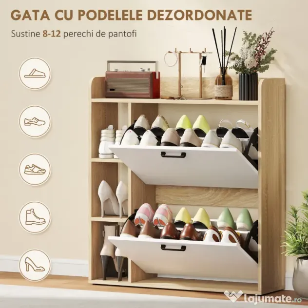 HOMCOM Dulap Slim pentru Pantofi cu 2 Sertare Rabatabile și 3 Compartimente, Capacitate 15 Perechi, 83x24x90,5 cm, Lemn și Alb | Aosom Romania
