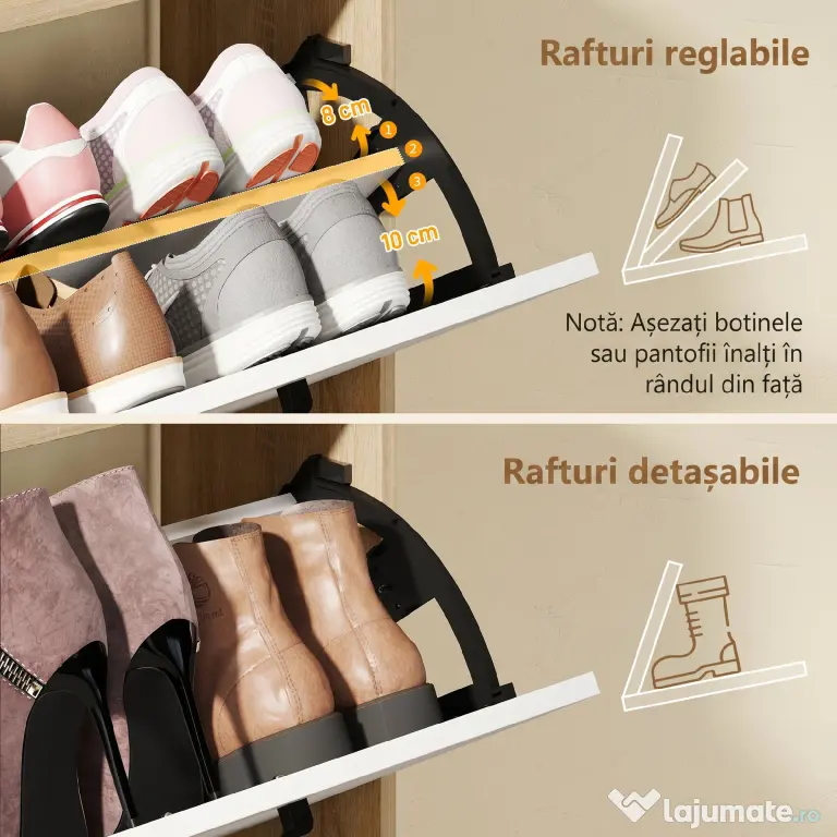 HOMCOM Dulap Slim pentru Pantofi cu 2 Sertare Rabatabile și 3 Compartimente, Capacitate 15 Perechi, 83x24x90,5 cm, Lemn și Alb | Aosom Romania