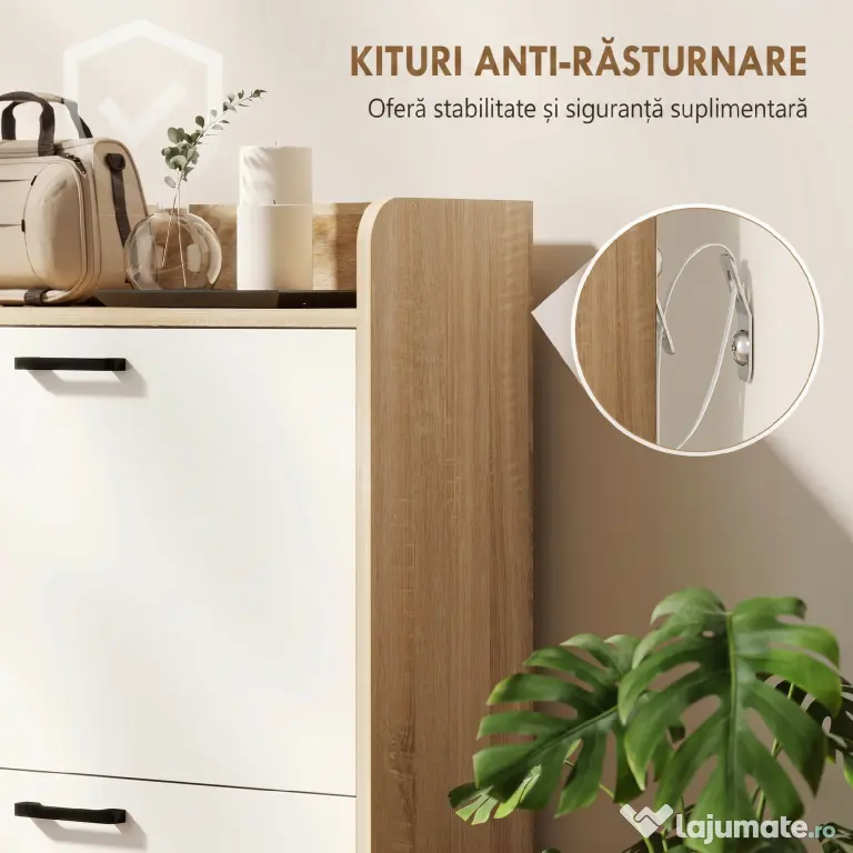 HOMCOM Dulap Slim pentru Pantofi cu 2 Sertare Rabatabile și 3 Compartimente, Capacitate 15 Perechi, 83x24x90,5 cm, Lemn și Alb | Aosom Romania